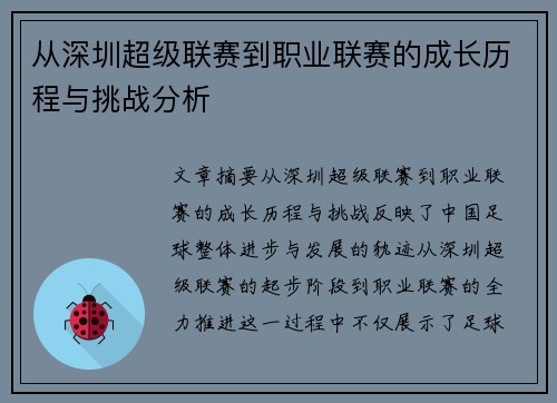 从深圳超级联赛到职业联赛的成长历程与挑战分析